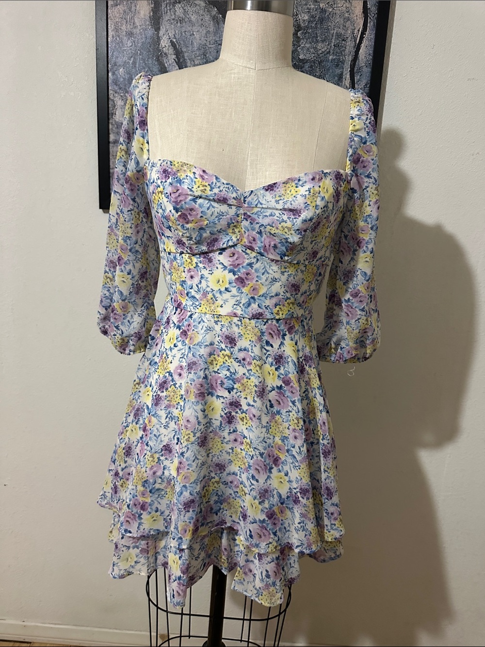 B Darlin Pastel Floral Sweetheart Mini Dress - Lavender, Yellow, Blue